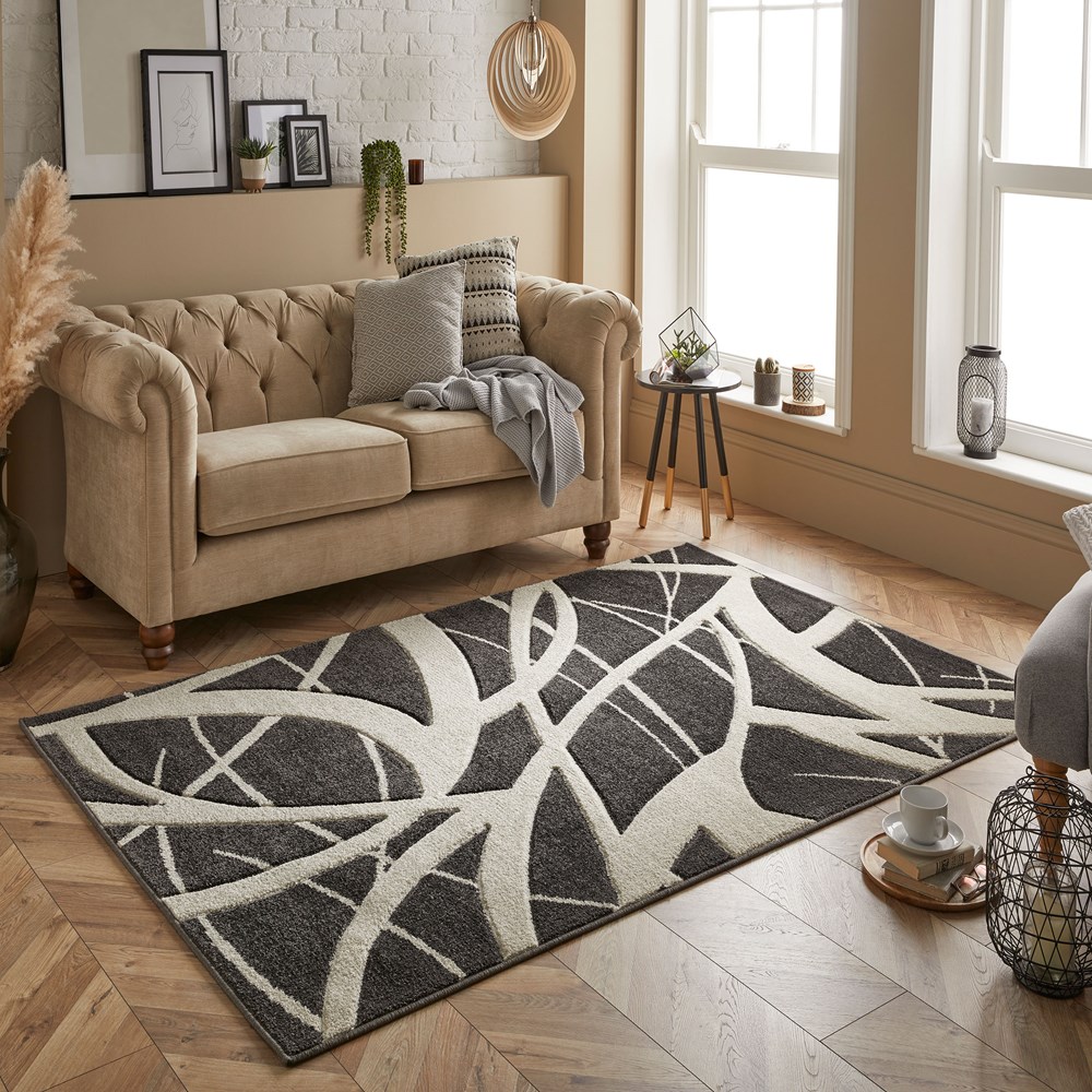 Portland 57 E Abstract Carved Rugs in Charcoal Cream